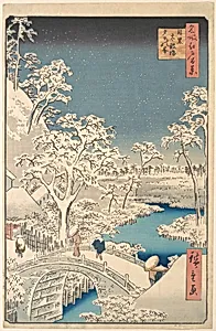 名所江戸百景　目黒太鼓橋夕日の岡|The Taiko (Drum) Bridge and the Yuhi Mound at Meguro by Utagawa Hiroshige