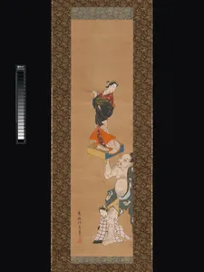 伝鳥居清重筆　朝比奈義秀図|The Warrior Asahina Yoshihide Lifting a Puppet of a Courtesan on a Go Board