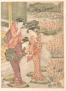 Three Young Women in a Garden where Nadeshiko Pinks are Growing