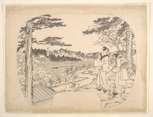 Two Women Admiring the Sights from a Vantage Point Overlooking the Zenpukuji Temple