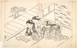 Two Women Reclining on the Floor of a Room and Reading a Book