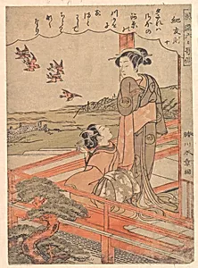 「風流六く歌仙紀友則　十」|“Two Young Women on a Verandah Watching Plovers,” from the series Stylish Six Poetic Immortals (Fūryū rokkasen: Ki no Tomonori, jū) by Katsukawa Shunshō　勝川春章
