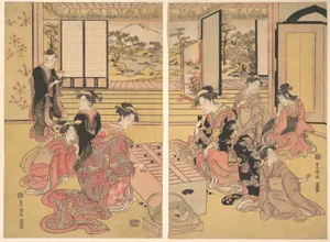 Two Young Women Playing a Game of Sugoroku