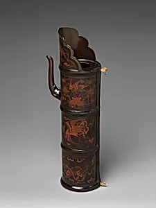 清早期 黑漆彩繪珍禽瑞獸紋多穆壺|Vessel with mythical creatures, flowers, and birds