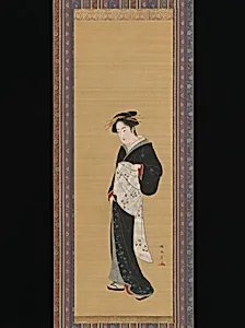 勝川春章筆　立姿美人図|Woman in a Black Kimono