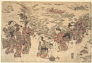 Women and a Small Boy Gathering Shells on a Beach by the Sea