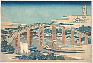 「諸國名橋寄覧　東海道岡崎 矢はぎのはし」|Yahagi Bridge at Okazaki on the Tōkaidō (Tōkaidō Okazaki Yahagi no hashi), from the series Remarkable Views of Bridges in Various Provinces (Shokoku meikyō kiran) by Katsushika Hokusai