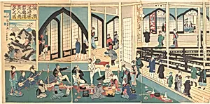 Yokohama Miyozaki-kaku Gankirō ijin yūkyō no zu|Foreigners Enjoying a Party at the Gankirō Tea House by Utagawa Yoshikazu
