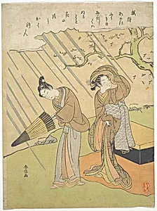 鈴木春信画　桜狩|Young Man and Woman Caught in the Rain while Enjoying Cherry Blossoms (Sakura-gari) by Suzuki Harunobu