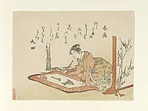 書初め図|Young Woman Writing Calligraphy by Kubo Shunman