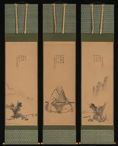 Zen Master with Meditation Staff, and Chinese-Style Landscapes