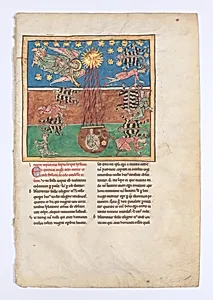 Leaf from a Beatus Manuscript: at the Clarion of the Fifth Angel's Trumpet, a Star Falls from the Sky; the Bottomless Pit is Opened with a Key; Emerging from the Smoke, Locusts Come Upon the Earth and Torment the Deathless