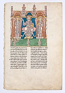 Leaf from a Beatus Manuscript: Christ in Majesty with Angels and the Angel of God Directs Saint John to Write the Book of Revelation