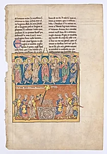 Leaf from a Beatus Manuscript: Seven Angels Hold the Cups of the Seven Last Plagues; The Hymn of the Lamb