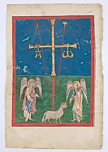 Leaf from a Beatus Manuscript: the Lamb at the Foot of the Cross, Flanked by Two Angels; The Calling of Saint John with the Enthroned Christ flanked by Angels and a Man Holding a Book