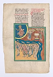 Leaf from a Beatus Manuscript: the Sixth Angel Delivers the Four Angels that had been Bound at the River Euphrates; an Altar Appears in the Heavens as the Enthroned Christ Raises His Hand in Blessing