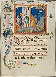 Manuscript Leaf with the Martyrdom of Saint Bartholomew, from a Laudario by Pacino di Bonaguida