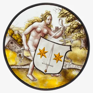 Roundel with Nude Woman Supporting a Heraldic Shield