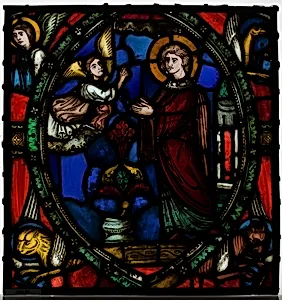Stained glass fragment with an Angel Appearing to a Deacon Saint with the Symbols of the Four Evangelists