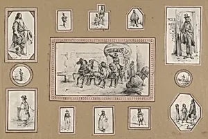 13 mounted prints depicting a carriage scene at center surrounded by various men by Victor Adam