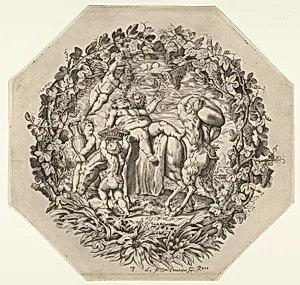 A Bacchanal: a satyr holds Silenus as he lies on a donkey's back and picks a leaf from a garland, two putti carry an amphora and a basket with grapes at left, and a faun carries a sack at right by Giovanni Battista Costantini|Guido Reni