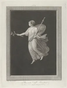 A bacchante holding a sword in her left arm and a branch with fruit in her right hand, set against a black background inside a rectangular frame