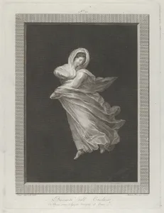 A bacchante wearing a flowing drapery, looking down, right arm bent and left arm outstretched, set against a black background inside a rectangular frame