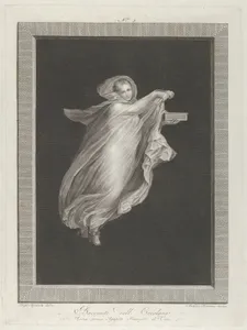 A bacchante wearing a hooded shawl and holding a box in her left hand, set against a black background inside a rectangular frame