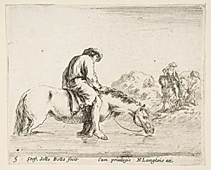 A barefoot peasant on horseback crossing a river, another peasant on horseback and leading a horse on a bank to right in the background, plate 5 from "Diversi capricci" by Stefano della Bella|Nicolas Langlois