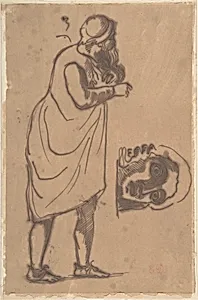 A Bearded Man, Standing, and a Classical Head by Eugène Delacroix