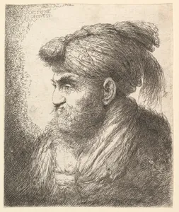 A bearded man wearing a tasseled headdress facing left, from "Heads in Oriental Headdress"