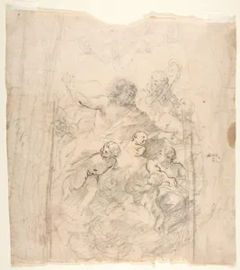 A Bearded Prophet in Glory Attended by a Bishop, Two Other Male Saints, and Angels (Design for a Section of a Dome)