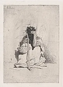 A beggar, seated on the ground holding a stick