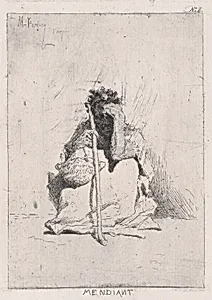 A beggar, seated on the ground holding a stick