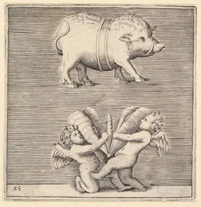 A Belted Pig and Two Cupids (or Geniuses) with a Butterfly (or Moth), from "Ex Antiquis Cameorum et Gemmae Delineata/ Liber Secundus/et ab Enea Vico Parmen Incis"