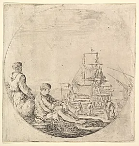 A Black sailor standing to left, in profile to the right, a White sailor seated in center with legs outstretched, a ship being repaired to right in the background by Stefano della Bella