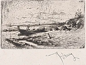 A boat near the shoreline of a beach or a river