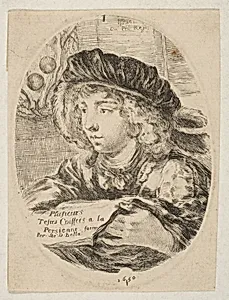 A bust of a young man wearing a cap with feathers, turned three-quarters to the left, the coat of arms of the Grand Duke of Tuscany in top left, title page from 'Several heads in the Persian style' (Plusieurs têtes coiffées à la persienne) by Stefano della Bella|Israël Henriet