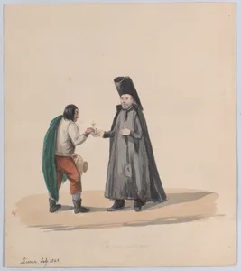 A canon handing a crucifix to a man, from a group of drawings depicting Peruvian dress