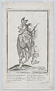 A caricature figure representing a street musician(?) with a mouse (lizard?) on his nose and a bird on his head by Anonymous, Italian, 17th century