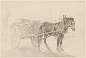 A Cart Drawn by a Brown Horse Near a Lamp Pole; Verso: A Group of Mounted Officers