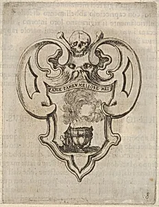 A cartouche with a censer, a skull and crossbones and a grotesque face at top, from 'Eight Emblems for the Funeral of Francesco de Medici' (Huit emblèmes pour les funérailles du prince François de Médicis) by Stefano della Bella