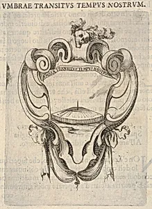 A cartouche with a sundial, a skull with feathers on its head at top, from 'Eight Emblems for the Funeral of Francesco de Medici' (Huit emblèmes pour les funérailles du prince François de Médicis) by Stefano della Bella