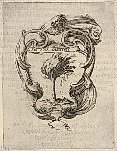 A cartouche with a tree blowing in the wind, a skull with drapery at top, bones to either side, from 'Eight Emblems for the Funeral of Francesco de Medici' (Huit emblèmes pour les funérailles du prince François de Médicis) by Stefano della Bella