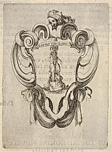 A cartouche with a violin coming out of its case, a skull with a helmet with feathers at top, from 'Eight Emblems for the Funeral of Francesco de Medici' (Huit emblèmes pour les funérailles du prince François de Médicis) by Stefano della Bella