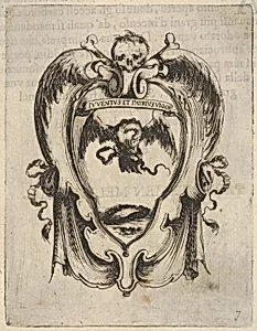 A cartouche with an eagle and a snake, a skull and crossbones at top, wings to either side, from 'Eight Emblems for the Funeral of Francesco de Medici' (Huit emblèmes pour les funérailles du prince François de Médicis) by Stefano della Bella