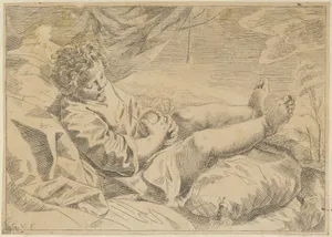A child sleeping on a cushion, holding a piece of fruit (?), a curtain behind him, after Reni (?)