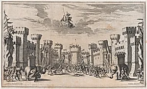 A city under siege with elephants and soldiers throughout; Mars looking down from above; set design from 'Il Pomo D'Oro' by Ludovico Ottaviano Burnacini|Mathäus Küsel