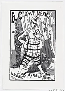 A clown standing with one hand on his hip and an elephant peering out from behind a curtain, illustration for 'El Clown Mexicano (The Mexican Clown)' published by Antonio Vanegas Arroyo by José Guadalupe Posada|José Sanchez