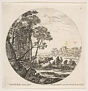 A Corinthian capital on the ground at left, a monument with figures in low relief at left in the middleground, various animals and two shepherds at right, plate 4 from "Roman landscapes and ruins" (Paysages et ruines de Rome) by Stefano della Bella|François Langlois